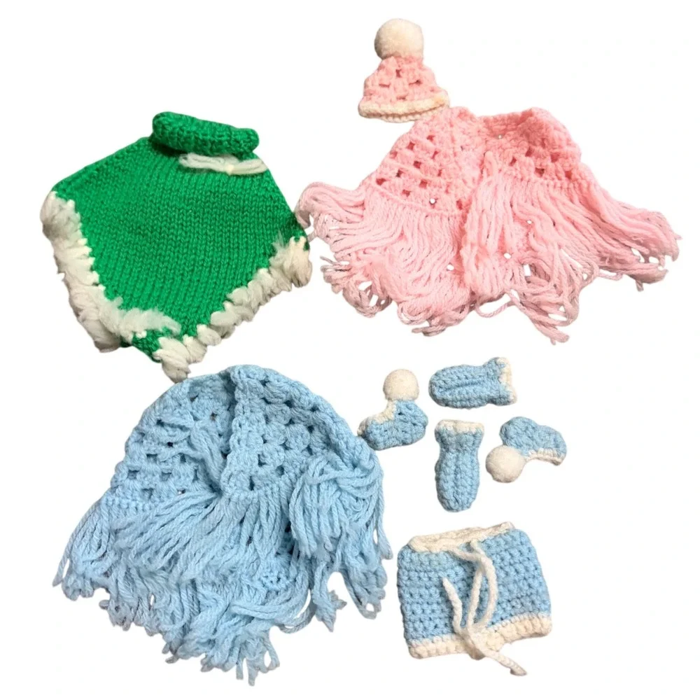 Vintage Handmade Crochet Knit Doll Clothes Poncho Shawl Hat Booties Set 7pc